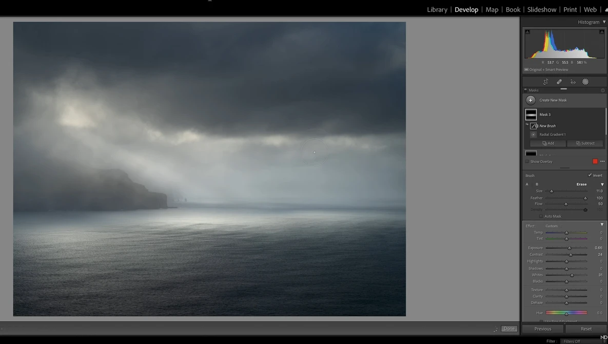 Screenshot of Lightroom's Develop module showing a moody seascape with dark clouds and calm water.