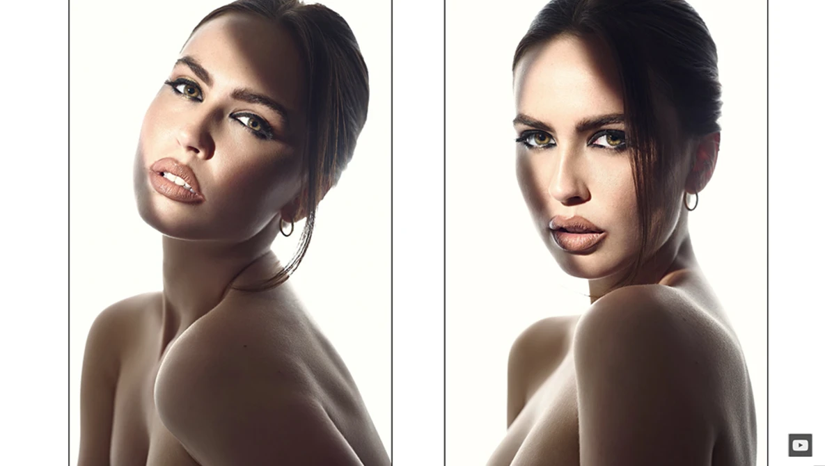 Two side-by-side portrait photographs of a woman with styled hair and makeup against white backgrounds.