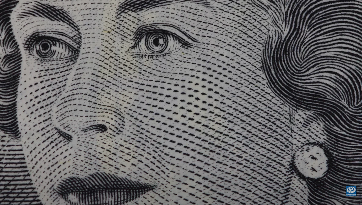 Engraving-style portrait of a person's face rendered entirely in parallel lines and dots.