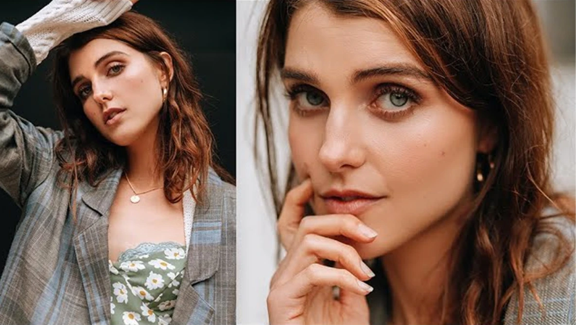 Portrait comparison showing a woman in casual blazer and floral top, photographed from two angles with natural lighting.