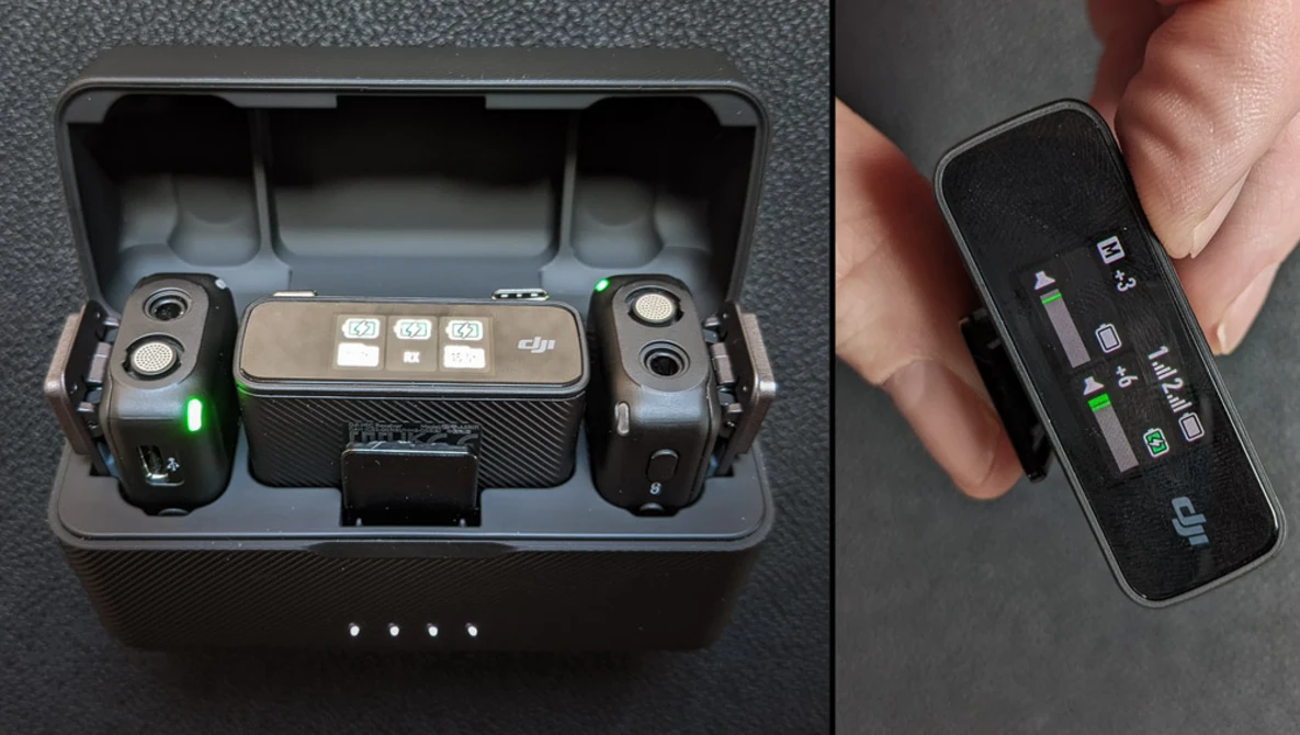 Drone remote control showing top-down view of transmitter with folding arms and center control panel, plus close-up of handheld remote in user's hand.