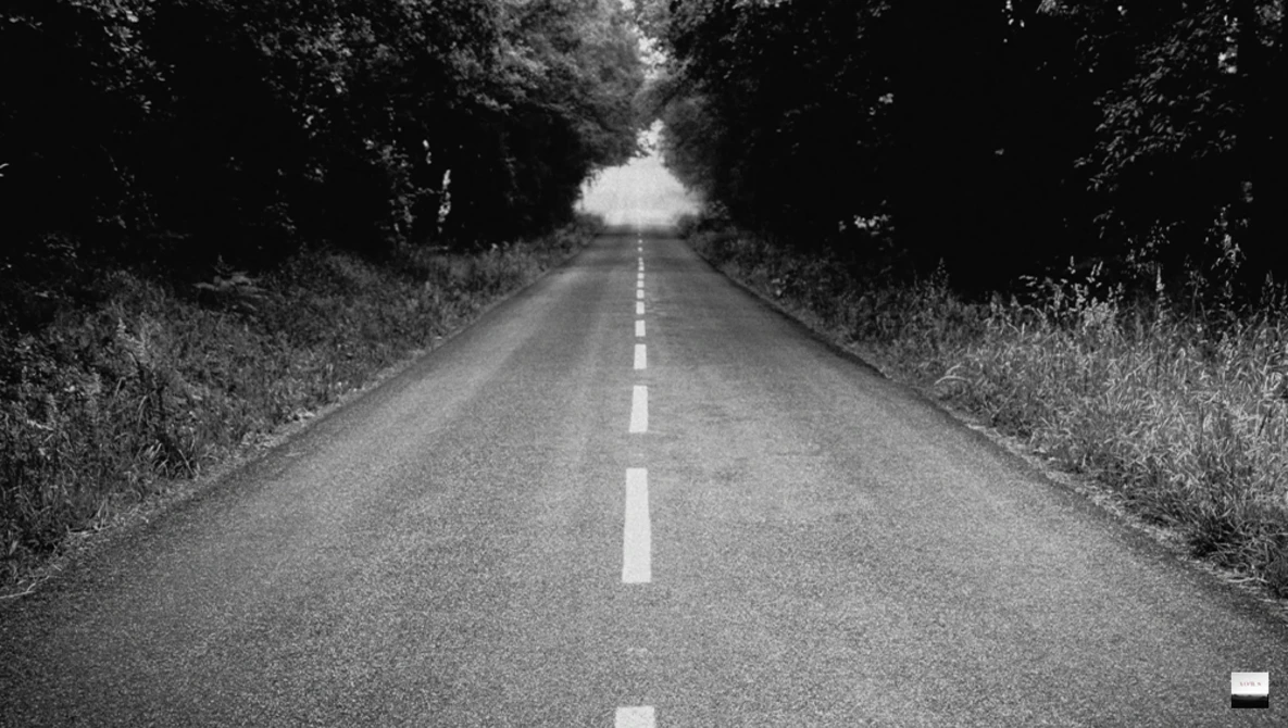 Straight road with white center line disappearing into tree-lined horizon under overcast sky.
