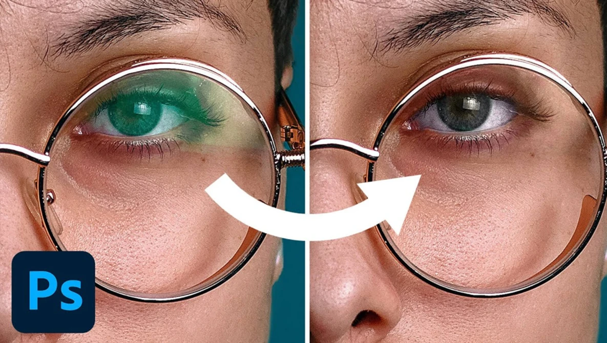 Screenshot of Adobe Photoshop demonstrating color correction on eyeglass lenses, with before and after comparison of eye color adjustment.