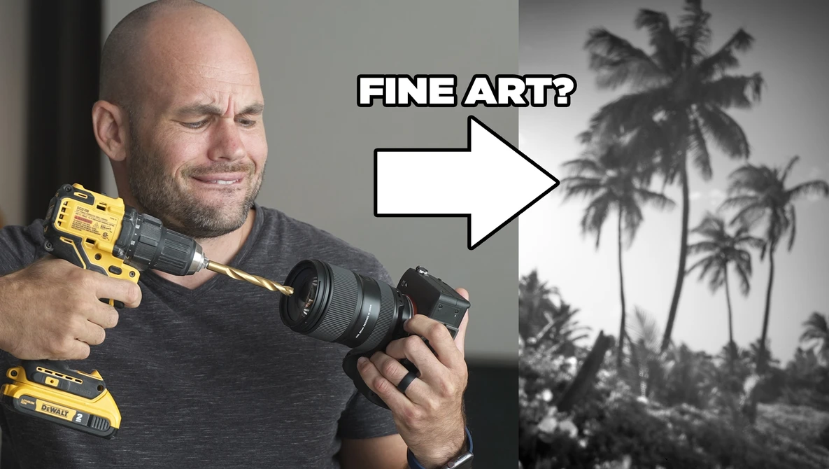 Photographer holding a camera and power drill, with an arrow pointing to a black and white palm tree landscape labeled "fine art."