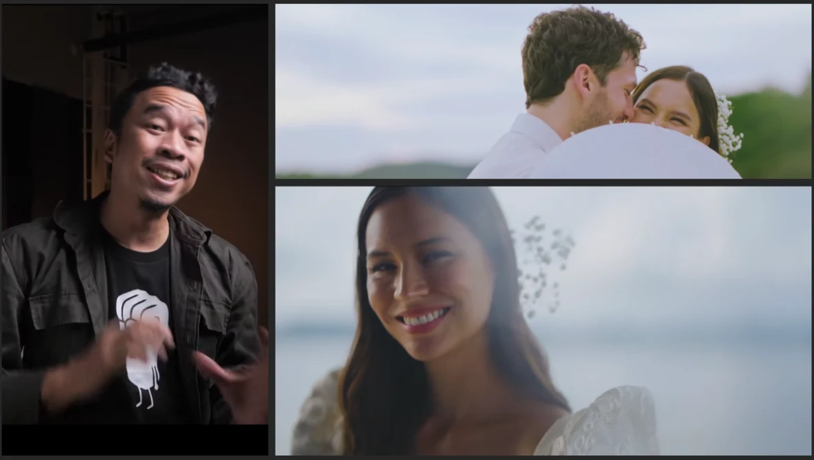 Filmmaker speaking at an event alongside wedding photography samples featuring couples outdoors.