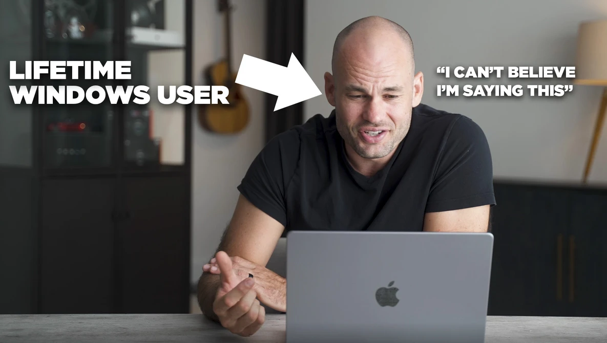 Meme showing a man at a laptop with text contrasting a lifetime Windows user reacting with disbelief.