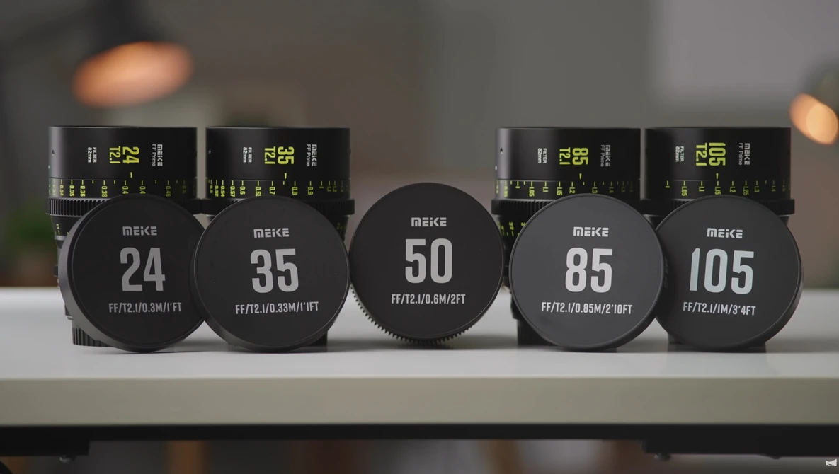 Five Meike prime lenses arranged in focal length order from 24mm to 105mm, displaying aperture markings on their front elements.