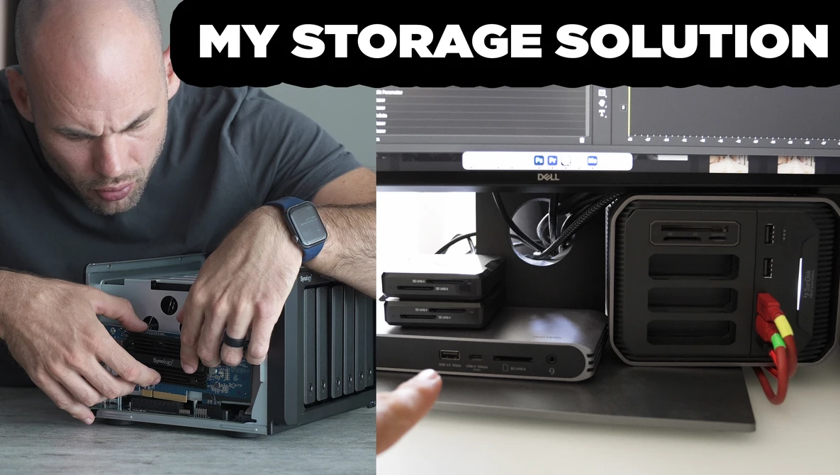 Person installing hard drives into a multi-bay storage enclosure with cables and equipment visible.