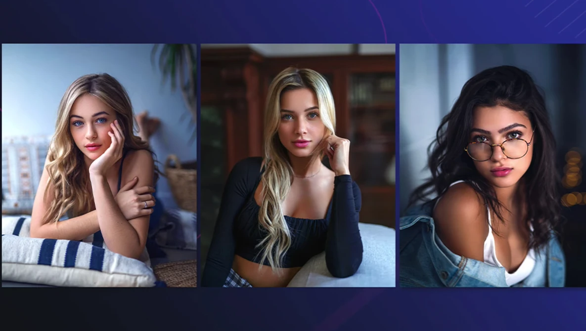 Three portrait photographs of women with different styling and lighting setups displayed side by side.