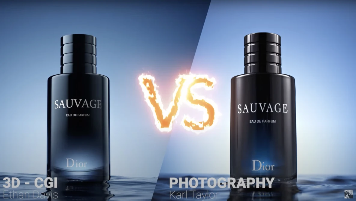 Comparison graphic of two identical Dior Sauvage fragrance bottles labeled '3D - CGI' and 'Photography' separated by a glowing versus symbol.