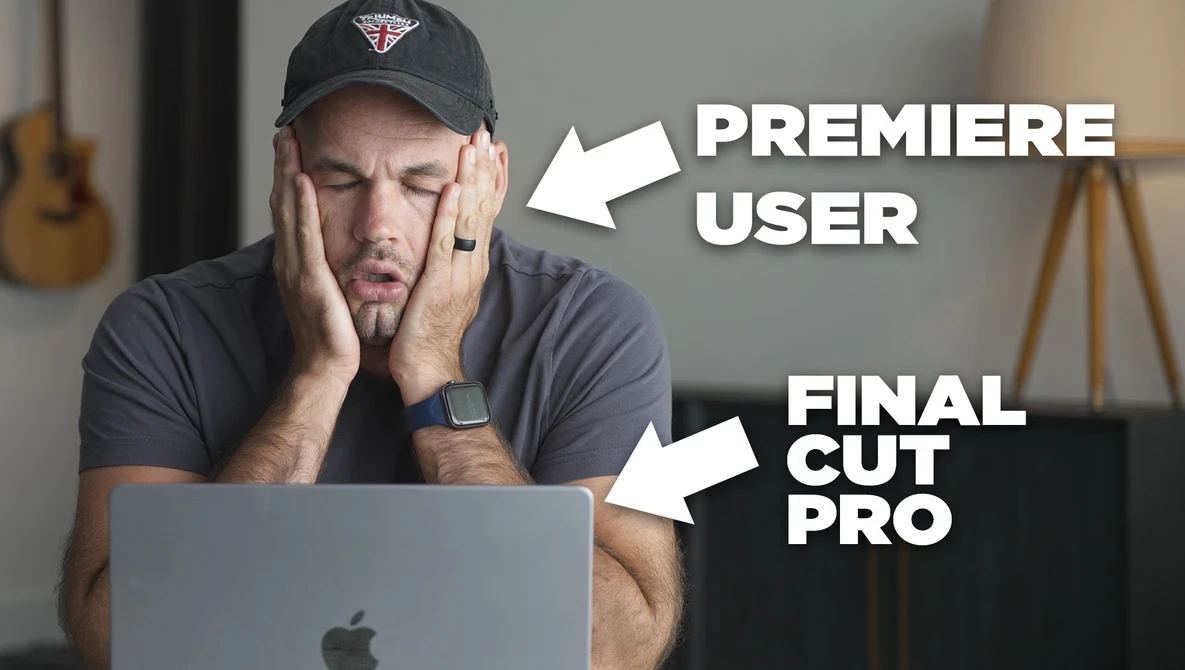 Man at laptop with hands on face, comparing Premiere User versus Final Cut Pro software.