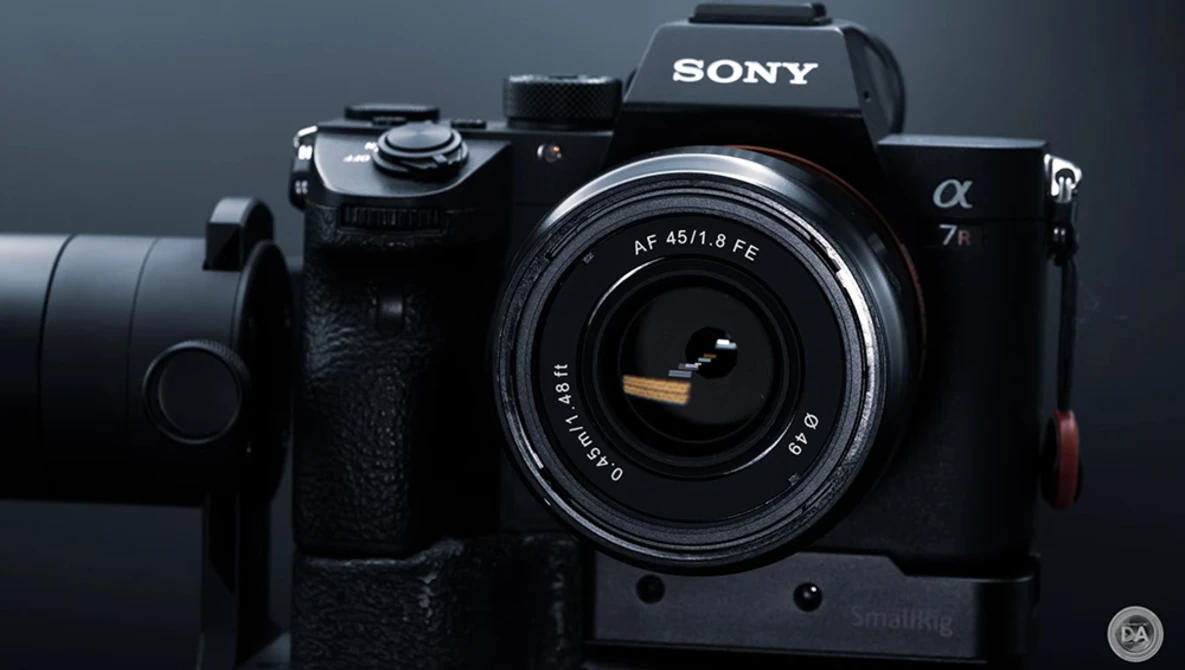 Sony α7 II mirrorless camera with 45mm f/1.8 lens mounted, displayed against a dark gray background.