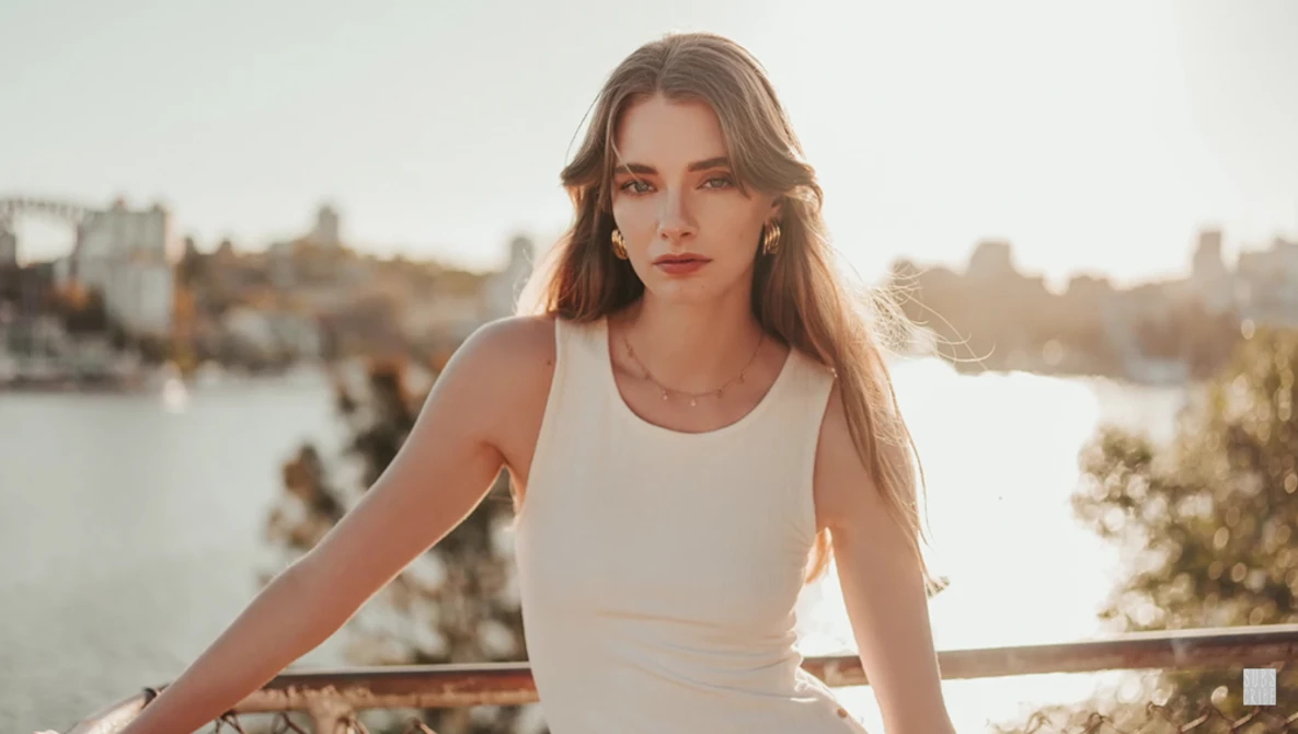 Woman in white sleeveless top posing at waterfront overlook with city skyline in background.
