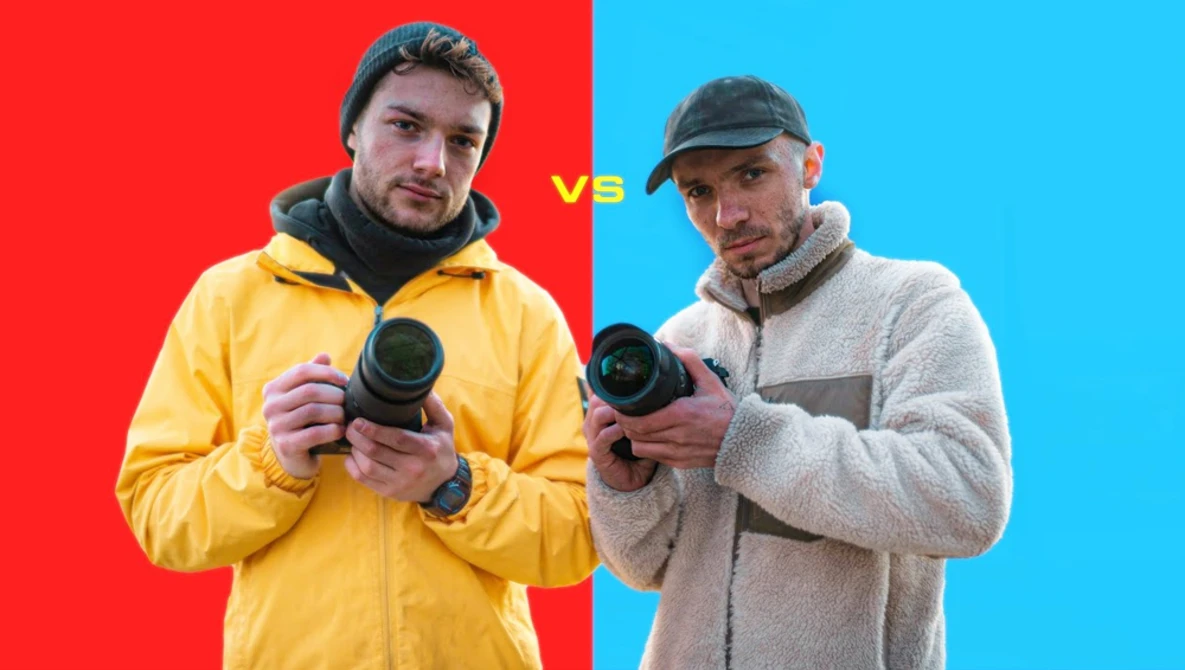 Two photographers holding compact cameras against split red and blue backgrounds in a versus-style comparison.