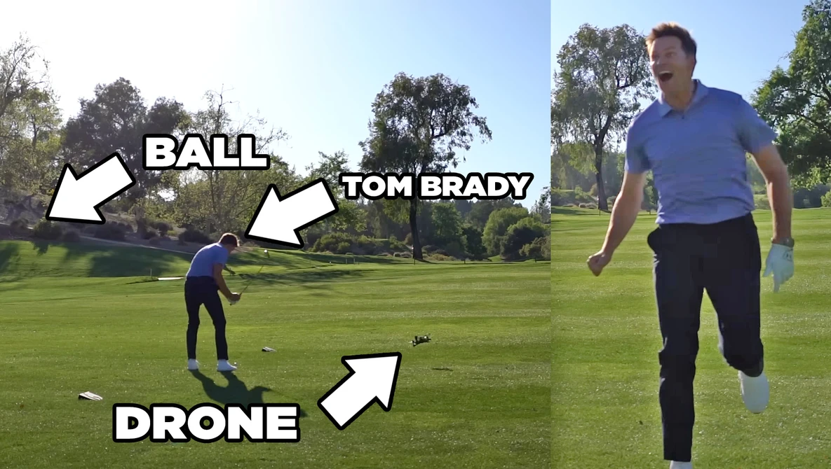 Diagram showing a golf shot setup with labeled elements including a ball, drone, and person in athletic wear on a grass field.
