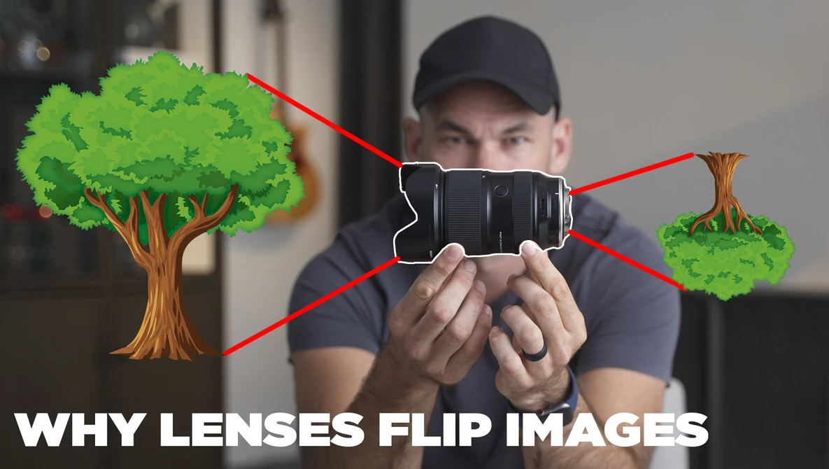 Photographer holding a camera with illustrated trees and red lines showing light ray paths through lenses.
