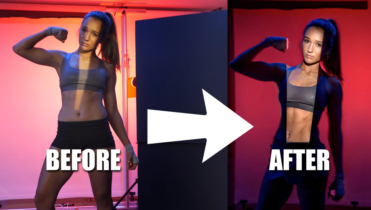 Before and after comparison showing fitness transformation with neon pink and blue gel lighting.