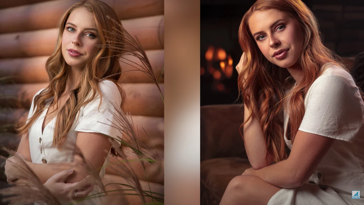 Side-by-side portrait comparison showing warm, golden-hour lighting on a woman in white clothing against wooden and dark backgrounds.