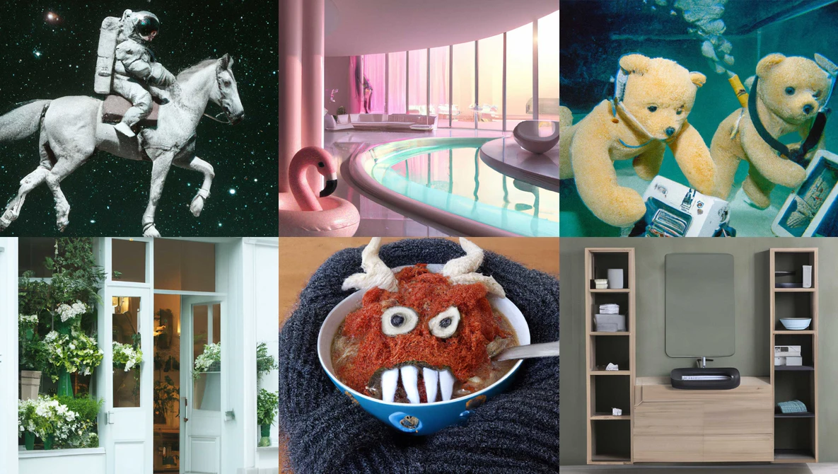 Collage of six diverse visual compositions including space, interior design, wildlife, and product photography.