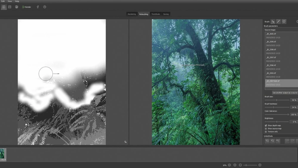 Screenshot of photo editing software showing black and white landscape with circular selection tool and vibrant forest image on right panel.
