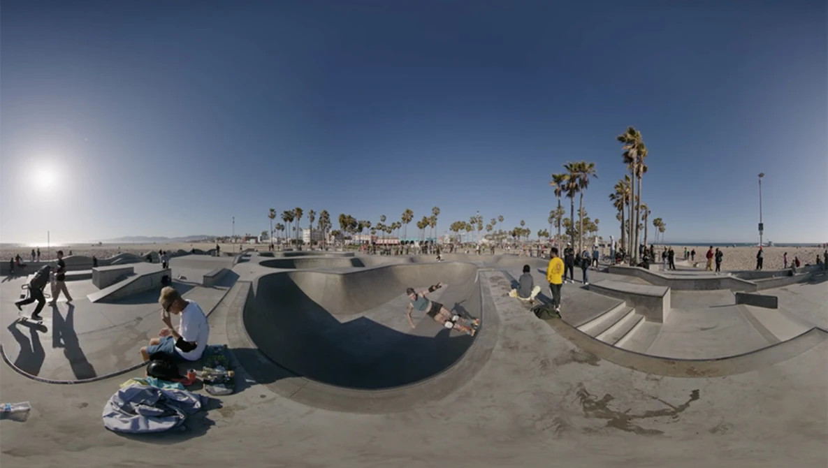 Wide-angle view of a skate park with concrete bowls and ramps, visitors scattered throughout, palm trees lining the background under clear sky.