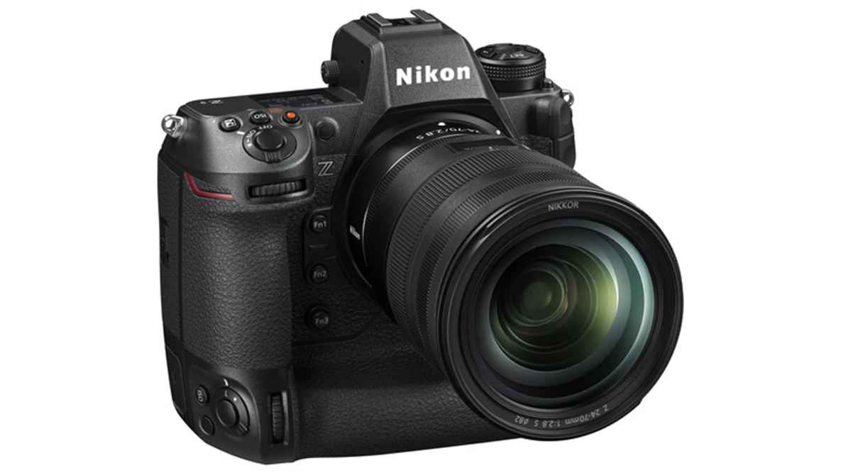Nikon Z9 mirrorless camera with battery grip and standard zoom lens attached.