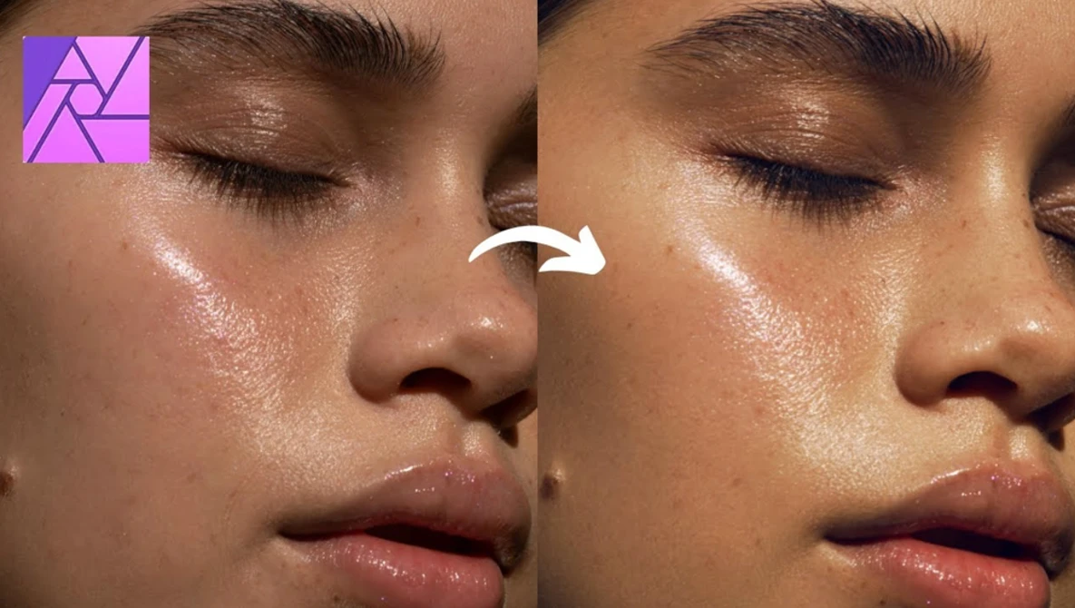 Side-by-side comparison of skin retouching showing before and after editing of a person's face and neck area.