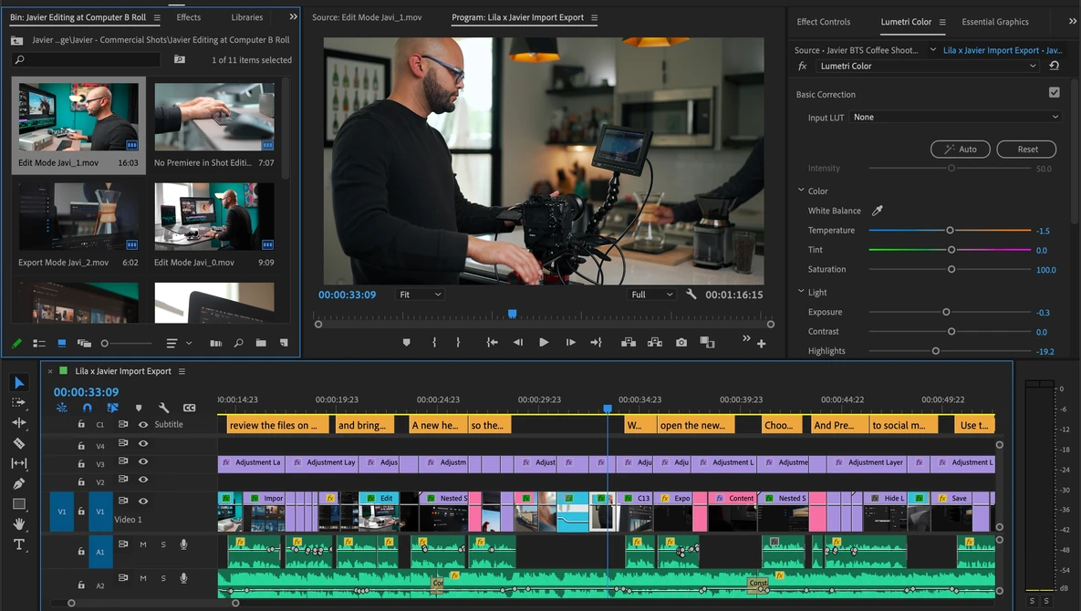 Screenshot of video editing software showing filmmaker working with camera equipment in timeline-based interface.