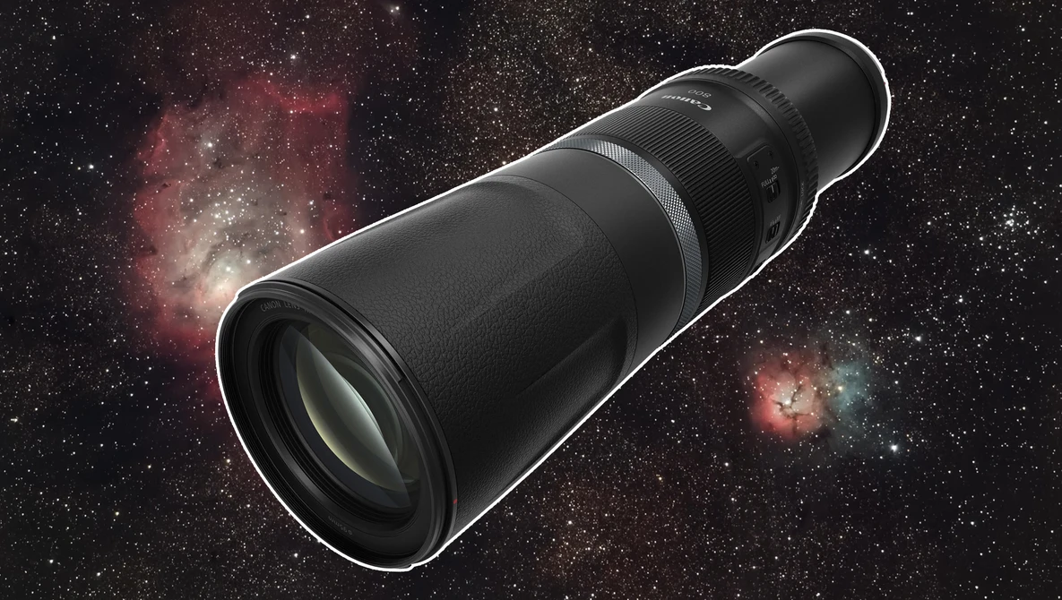 Telephoto lens positioned against a starfield with nebulae and cosmic dust clouds.