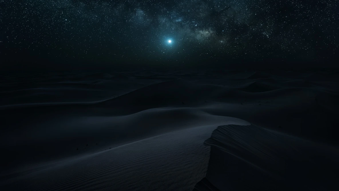 Desert sand dunes under a starry night sky with bright moon and Milky Way visible.
