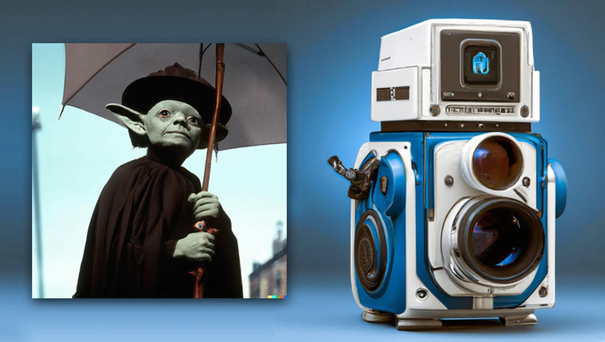 Vintage camera equipment displayed next to a film still featuring a character in dark robes holding a staff.
