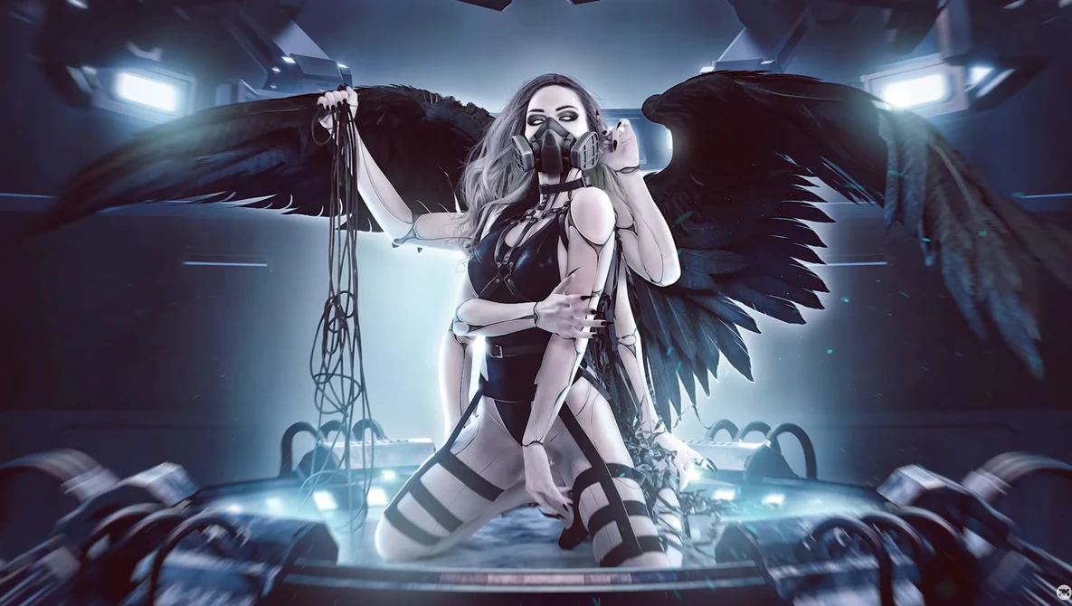 Winged figure with dark feathered wings singing into a microphone on a glowing stage with dramatic lighting.