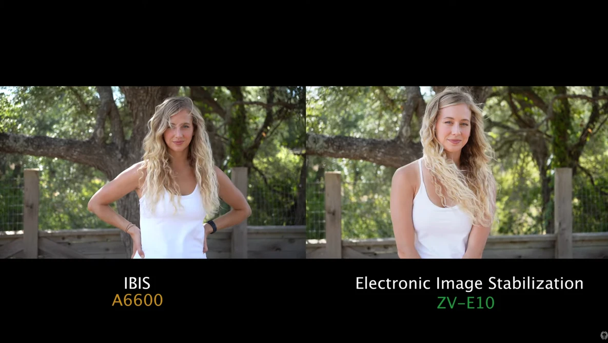 Side-by-side comparison of portrait stabilization: IBIS A6600 on left, Electronic Image Stabilization ZV-E10 on right.