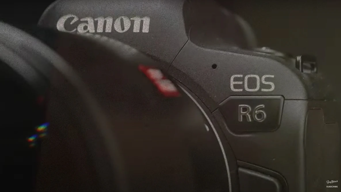Close-up of Canon EOS R6 mirrorless camera body showing branding and model designation.