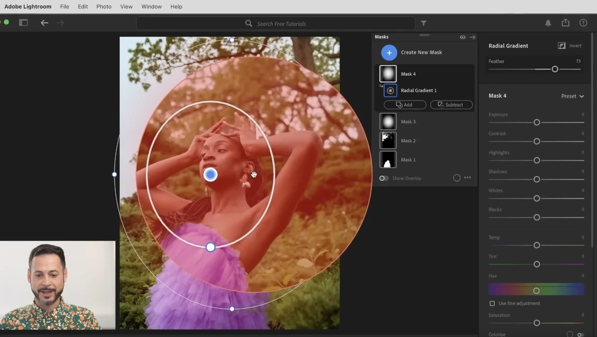 Screenshot of Adobe Lightroom interface showing radial gradient mask adjustment on portrait photo.