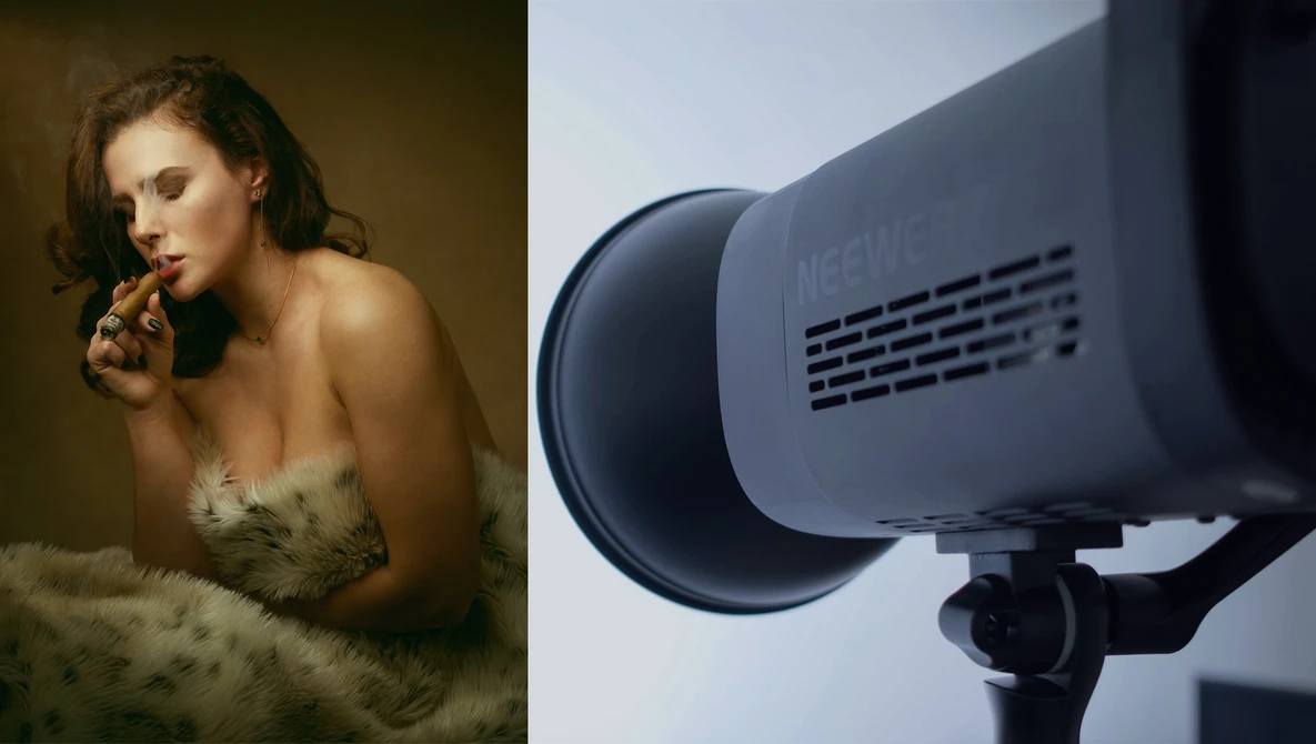 Portrait of woman with warm studio lighting beside a professional studio flash unit.