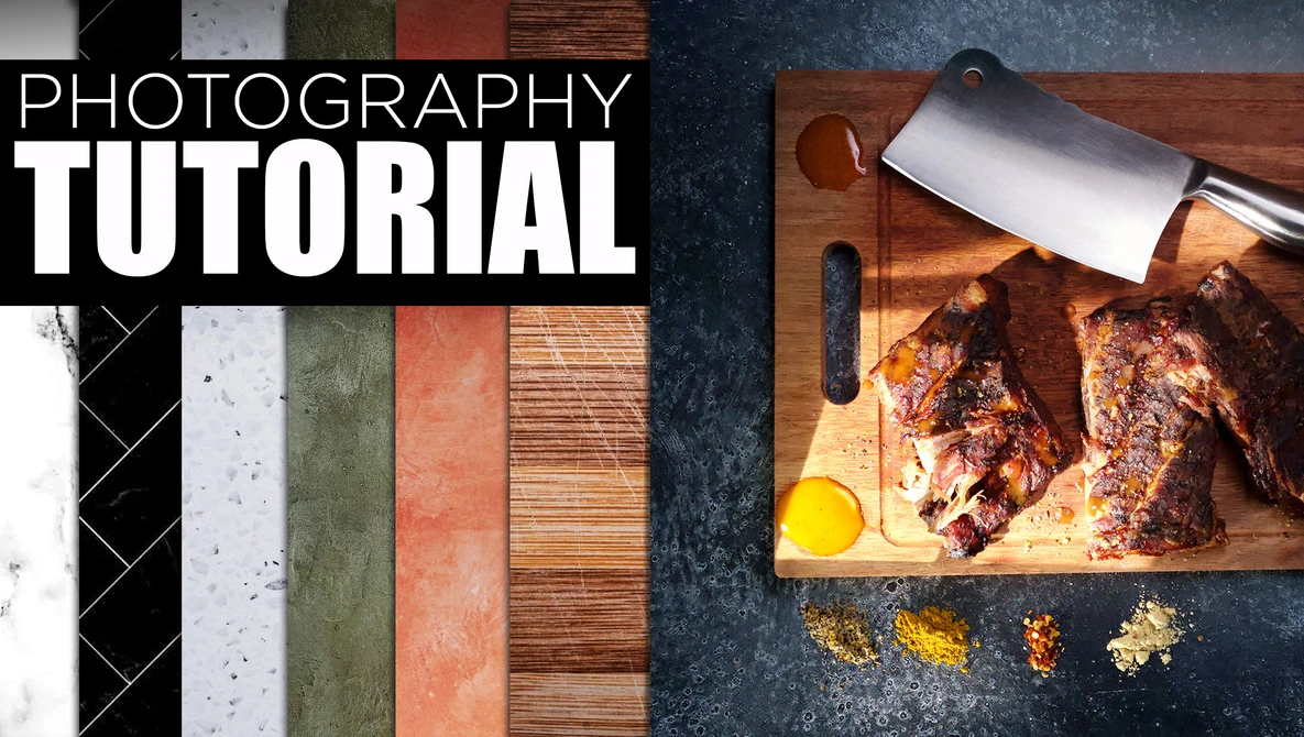 Food photography setup showing cooked meat on a wooden cutting board with a chef's knife, eggs, and spices arranged on a dark textured surface.