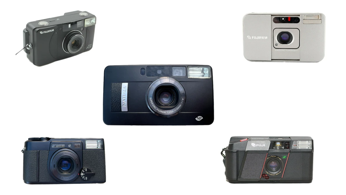 Five compact film cameras arranged in a grid pattern against a white background.