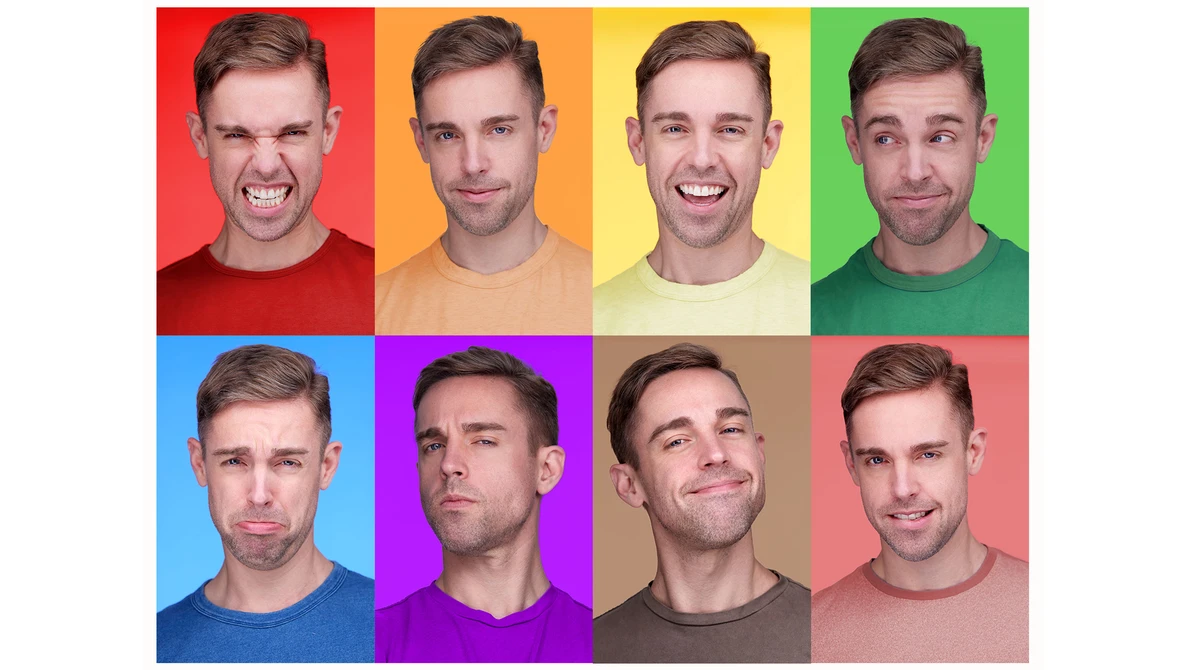 Grid of eight headshot portraits of the same man displaying different facial expressions and emotions against colored backgrounds.