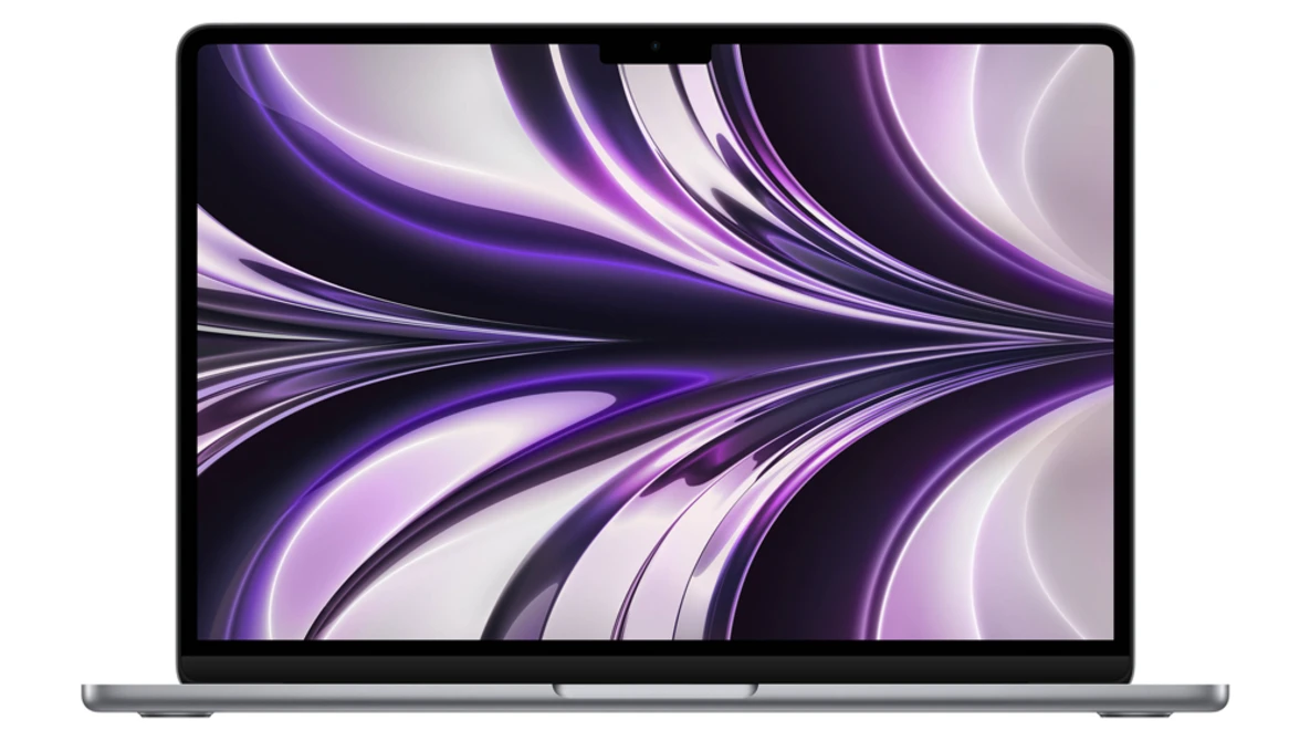 Screenshot of a laptop displaying abstract purple and black flowing wave patterns on its display.