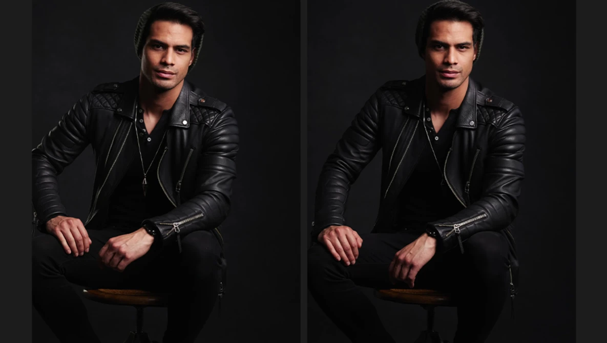 Man in black leather jacket seated against dark background, comparing two nearly identical portrait variations.