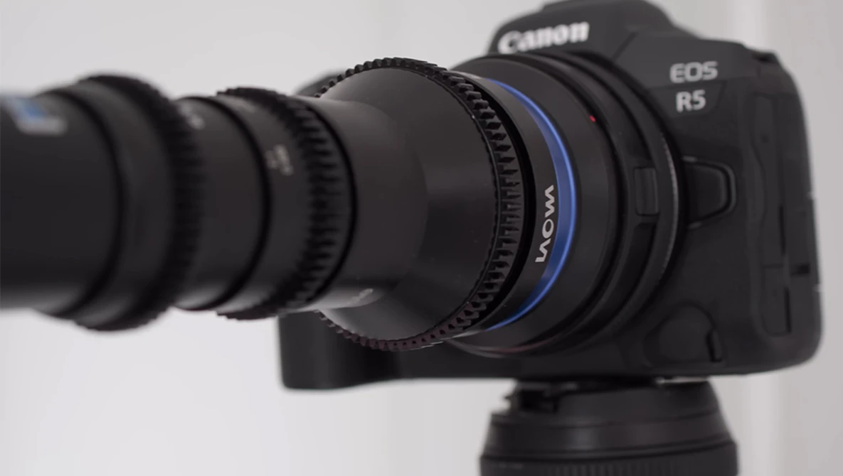 Canon EOS R5 mirrorless camera with cinema lens and focus motor attached.