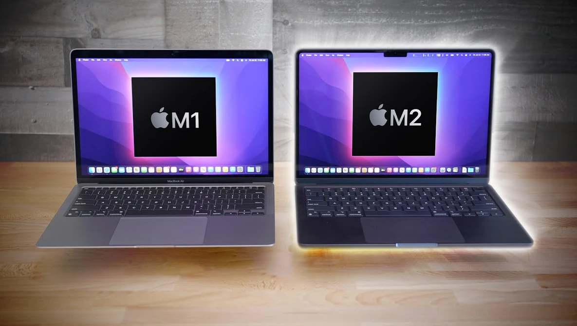 Side-by-side comparison of two Apple MacBook laptops displaying M1 and M2 chip boot screens.