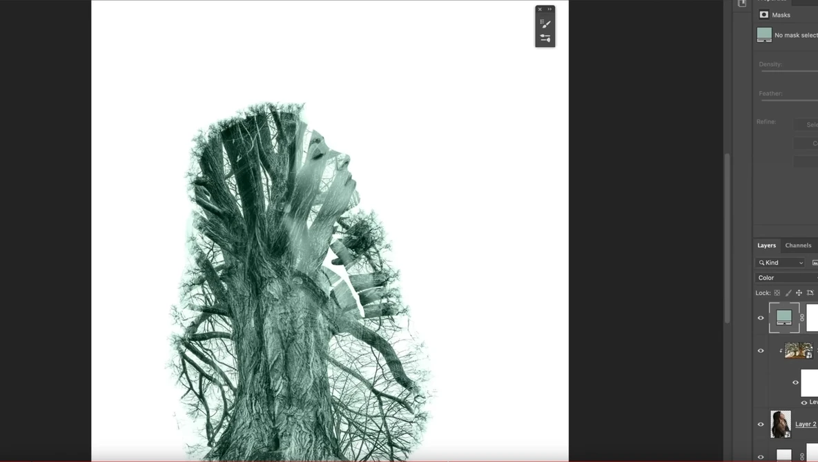 Double exposure portrait blending a woman's profile with leafless tree branches in green tones.