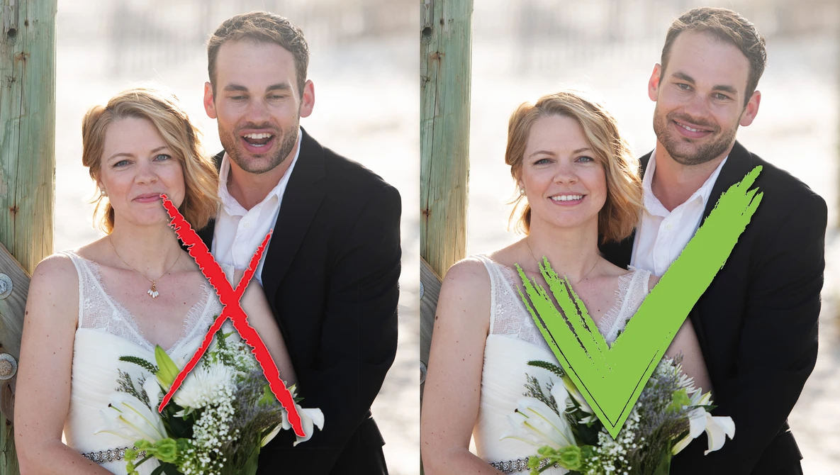 Side-by-side comparison of an engaged couple with red X and green checkmark overlaid on their photo.