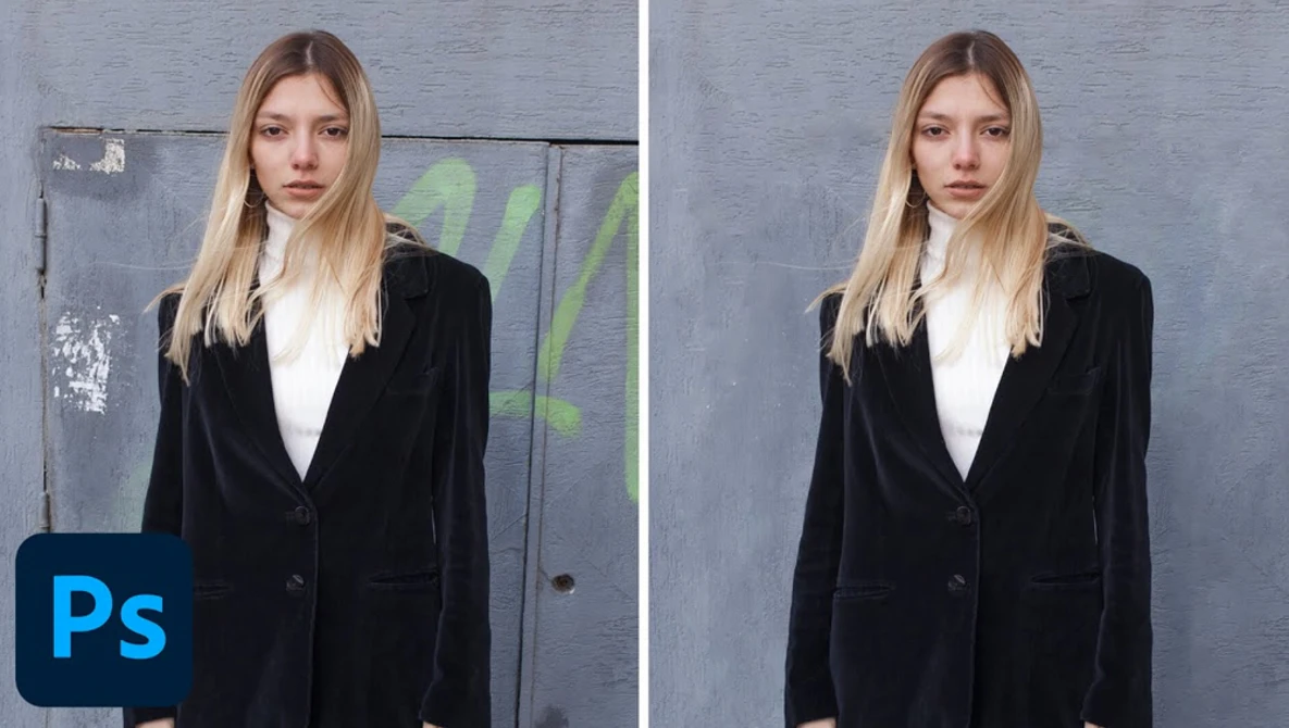 Before and after comparison showing background removal and cleanup in Photoshop on a portrait of a woman in a black blazer.