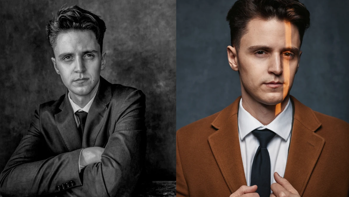 Two side-by-side professional portrait photographs of men in business attire with different lighting and color treatments.