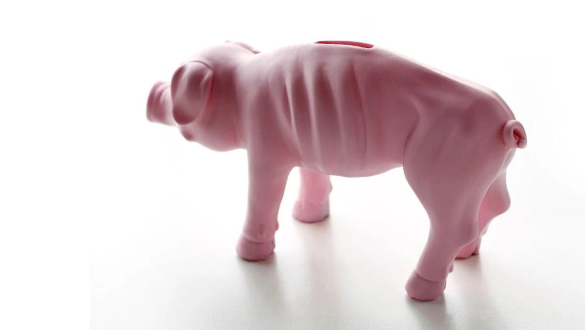 Illustration of a pink pig figurine standing in profile against a white background.