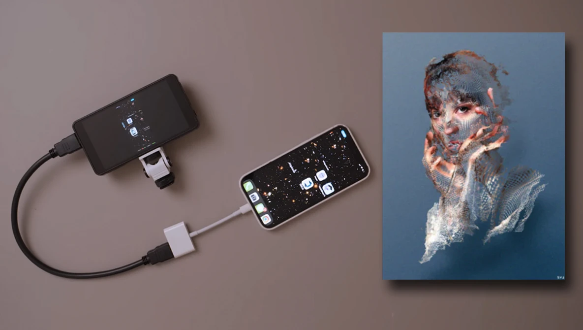 Mobile external storage setup with power adapter, USB-C cable, and smartphone displaying internal components.