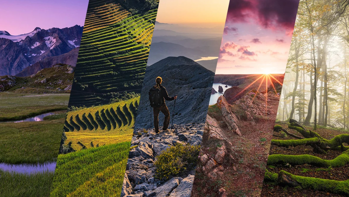 Composite image showing diverse landscapes with a hiker standing on rocky terrain in the center panel.